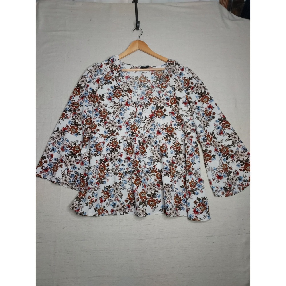 Oak & Trellis Women 1X Floral Boho Peasant Top Long Sleeve Blouse  Multico